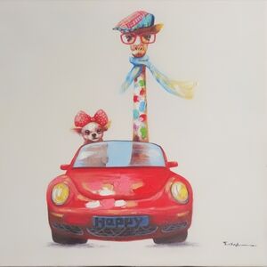Whimsical Giraffe and Dog in Red Car Art Print